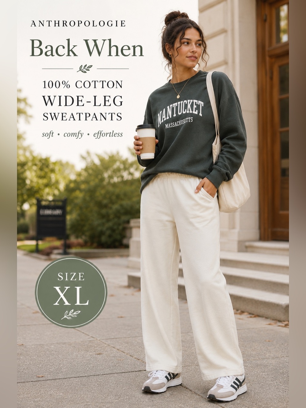 NWT Anthropologie Back When 100% Cotton Wide Leg Sweatpants XL Quiet Luxury Loun